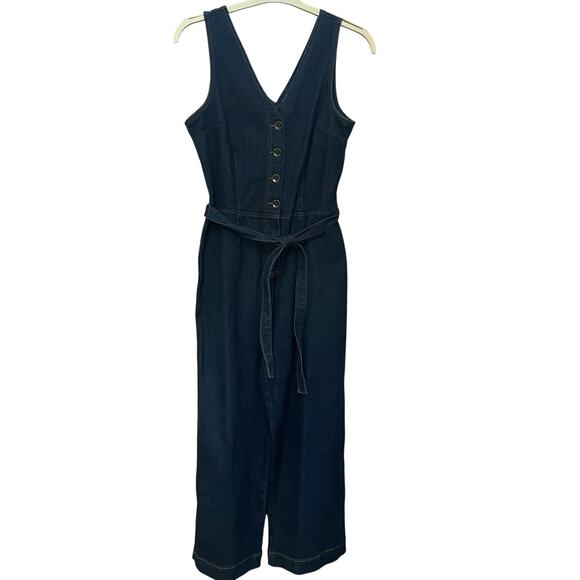 Universal Thread Denim Jumpsuit 8 Wide Leg Cropped Dark Wash Blue Button Down - Picture 1 of 8